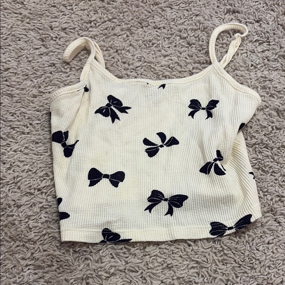 Cream Tank Top with Black Bow Pattern